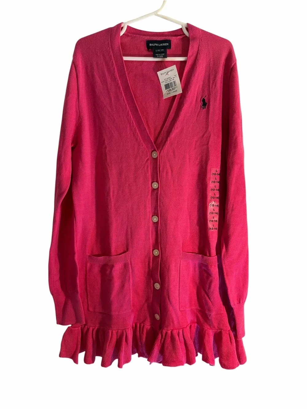Ralph Lauren Hot Pink Ruffle-Hem V-Neck Cardigan Girls Size Large 12/14